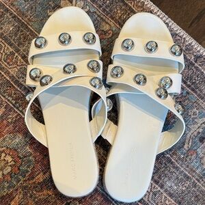 Marc Fisher White Slide Sandals with Silver Studs